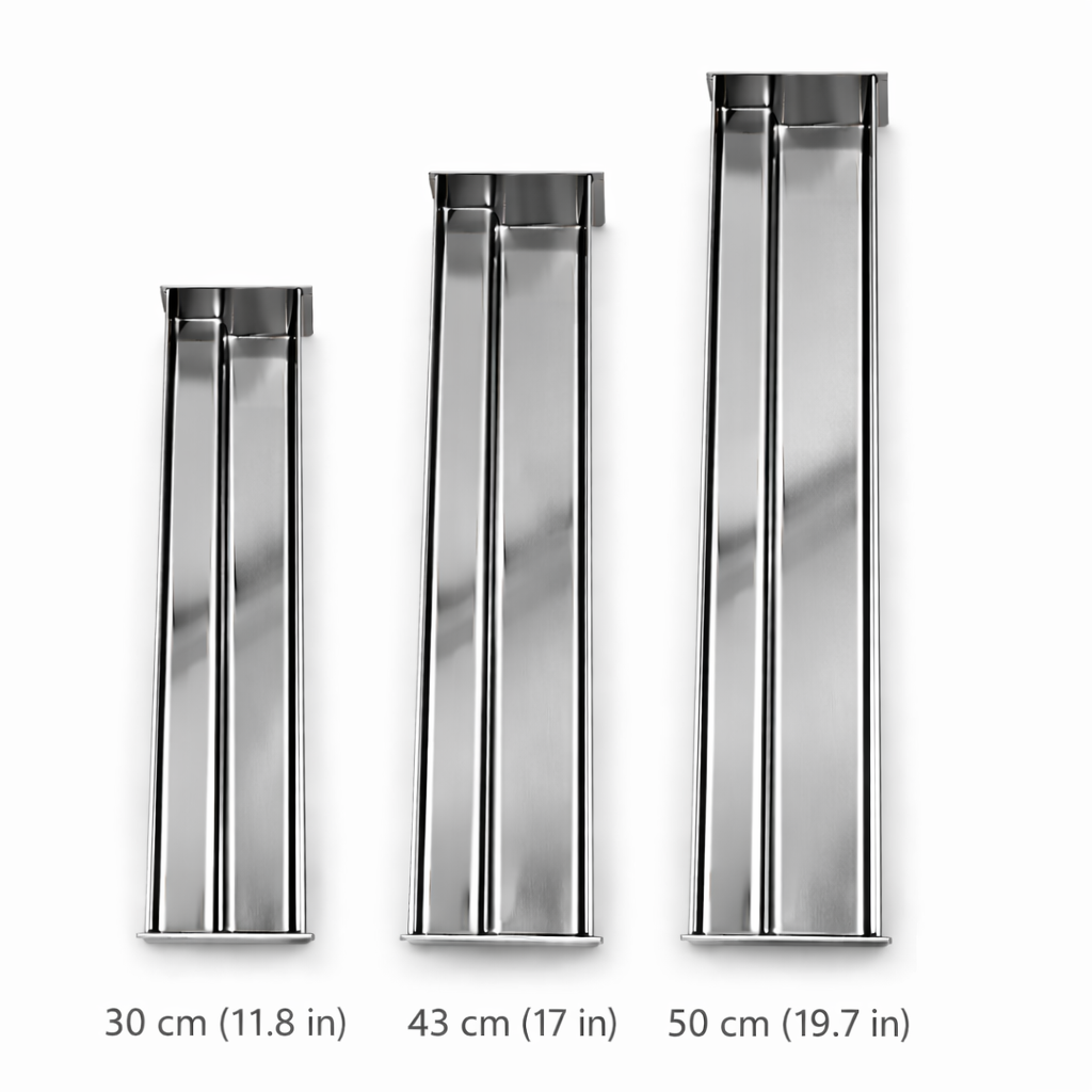Stainless steel stair-shaped terrine molds in three sizes: 30cm, 43cm, and 50cm for professional pâté and terrine presentation.