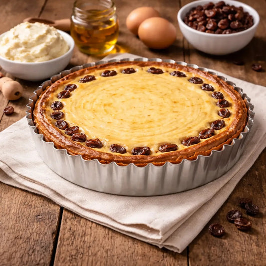 Freshly baked tart with raisins inside a 240mm professional stainless steel fluted tart ring, surrounded by ingredients.