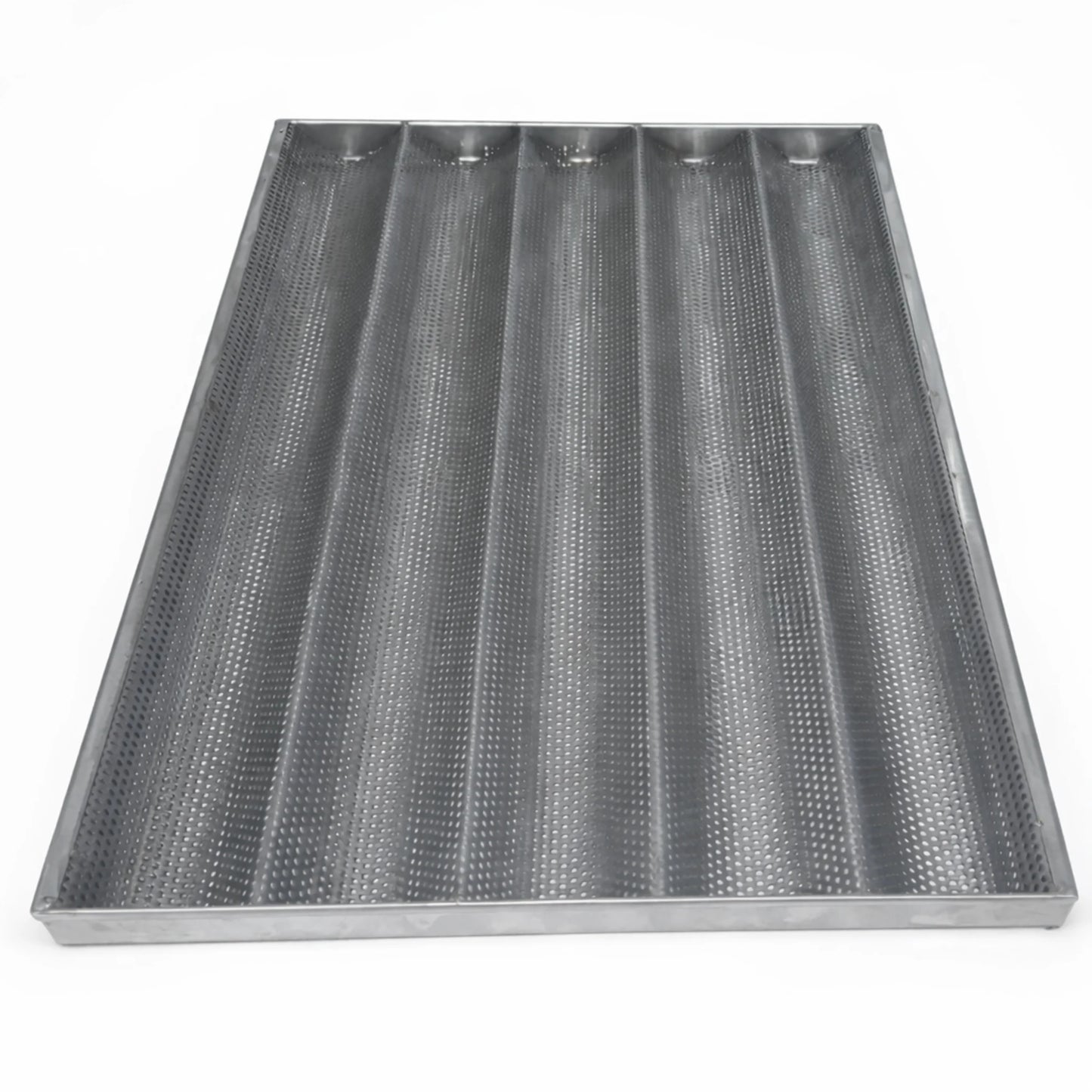 Top view of a professional 5-channel perforated baguette tray, made of AISI 304 stainless steel, showing the precision air-flow holes for even baking.
