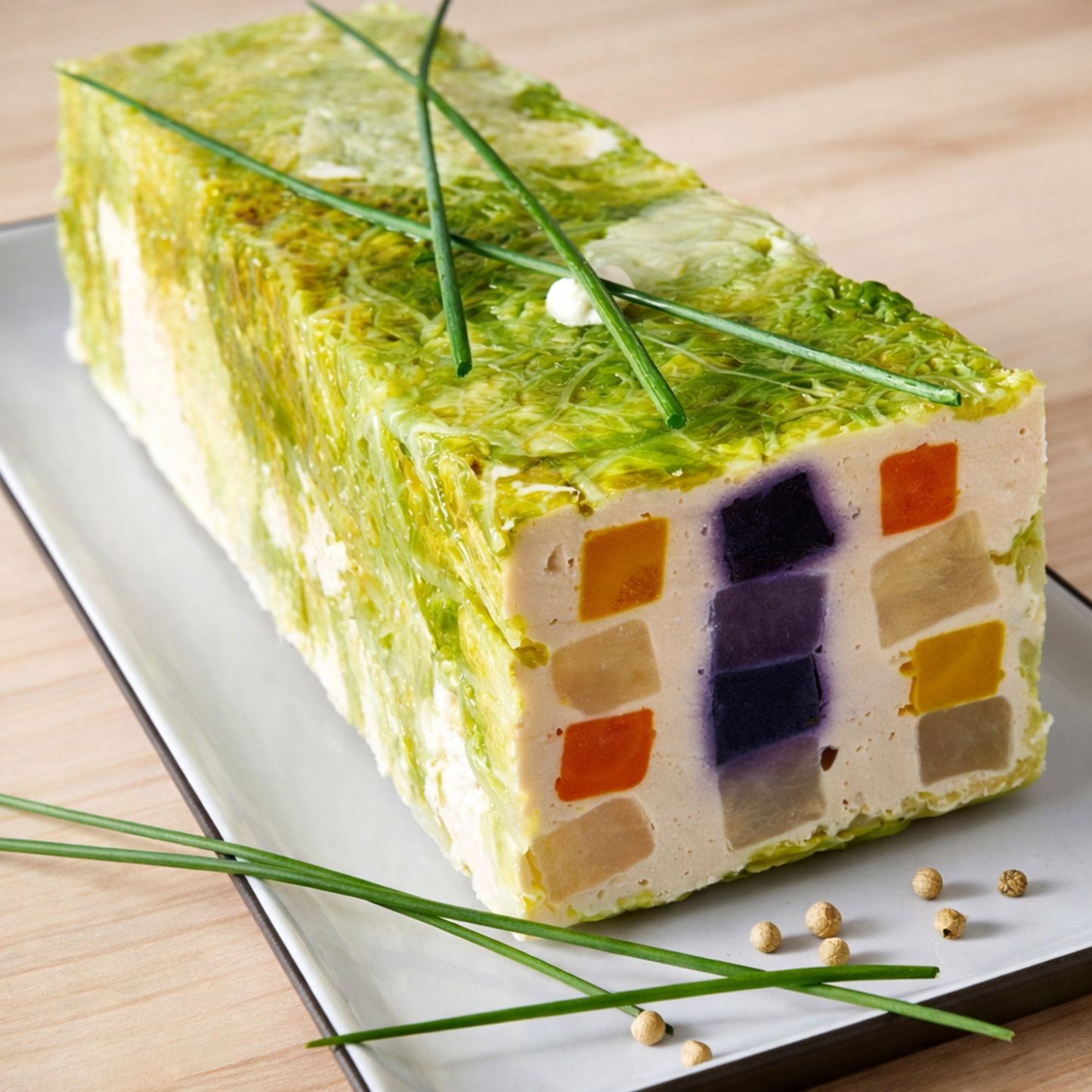 Colorful vegetarian mosaic terrine with geometric vegetable layers. Perfectly shaped in a professional stainless steel rectangular mold.