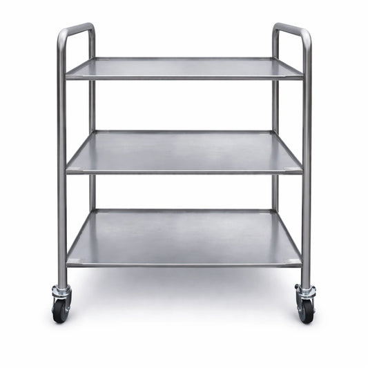 Front view of stainless steel service trolley AISI 304 with 3 shelves and wheels