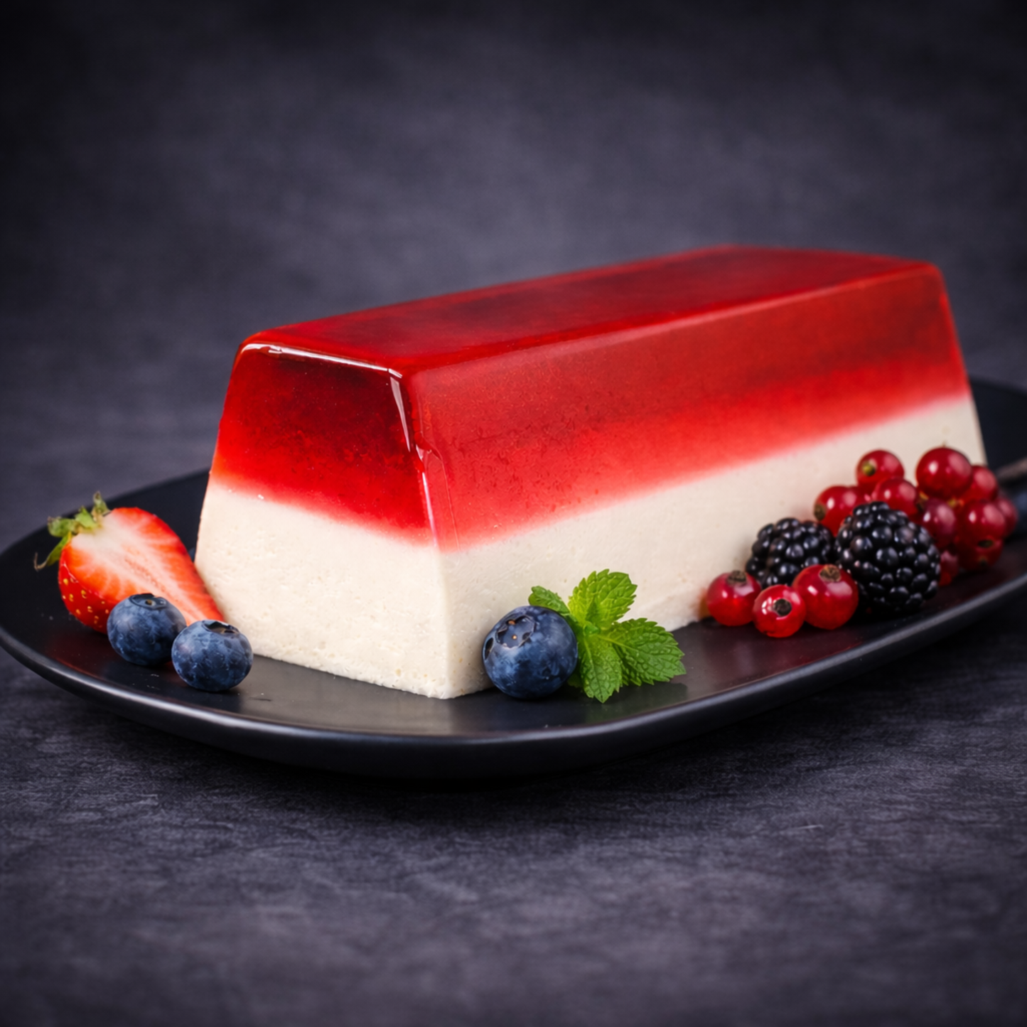 Layered berry jelly and white mousse dessert created using the Maximov stainless steel trapezoid mold. Shows sharp geometric edges for professional pastry plating.