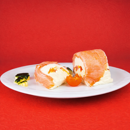 Plated salmon and cream cheese appetizer slices made using the Maximov semicircle terrine mold. Elegant seafood starter application.