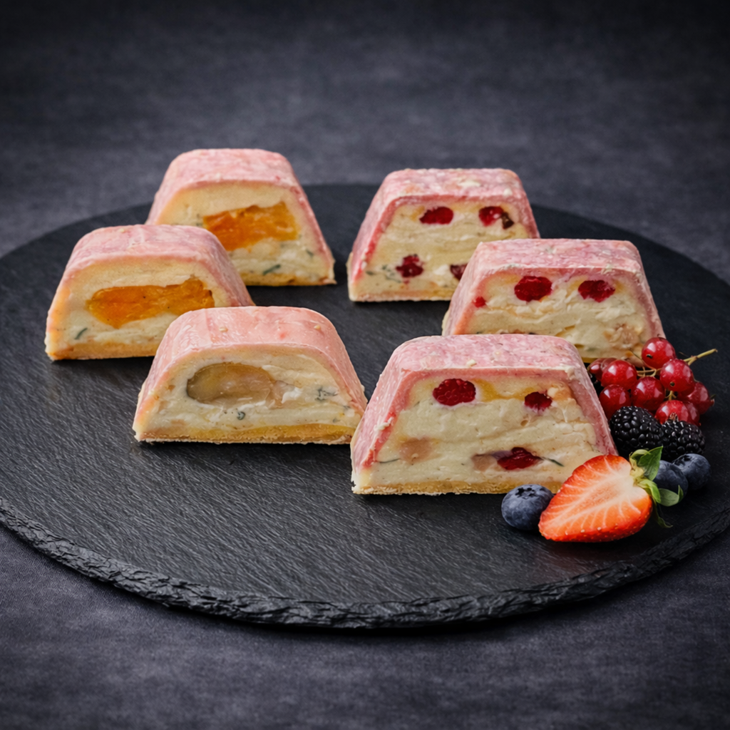 A slate platter with assorted savory appetizers made using the Maximov trapezoid stainless steel mold. Demonstrates high-yield catering presentation.