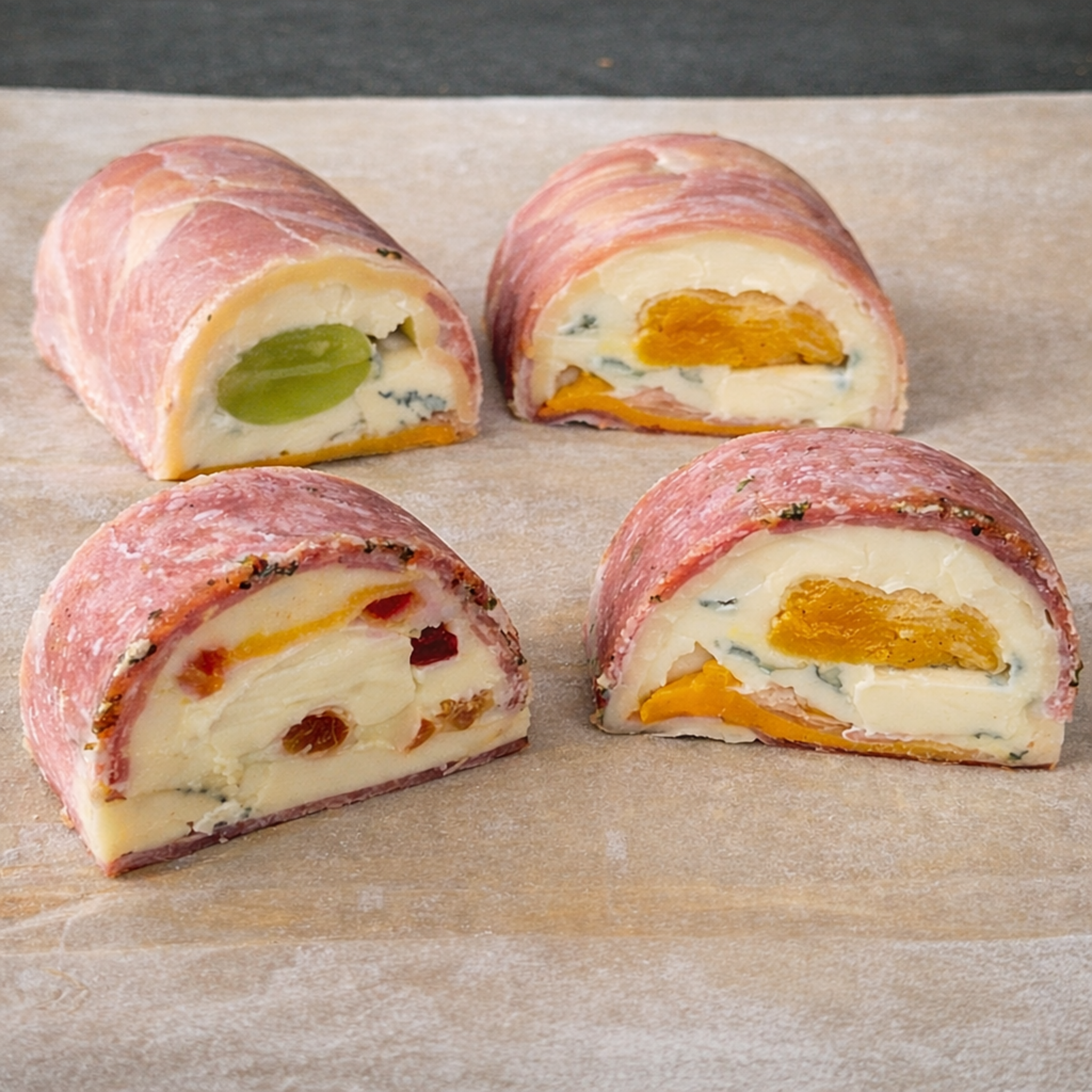 Close-up of semi-circle appetizer slices made using the Maximov half-round terrine mold. Shows the smooth curve and professional finish.