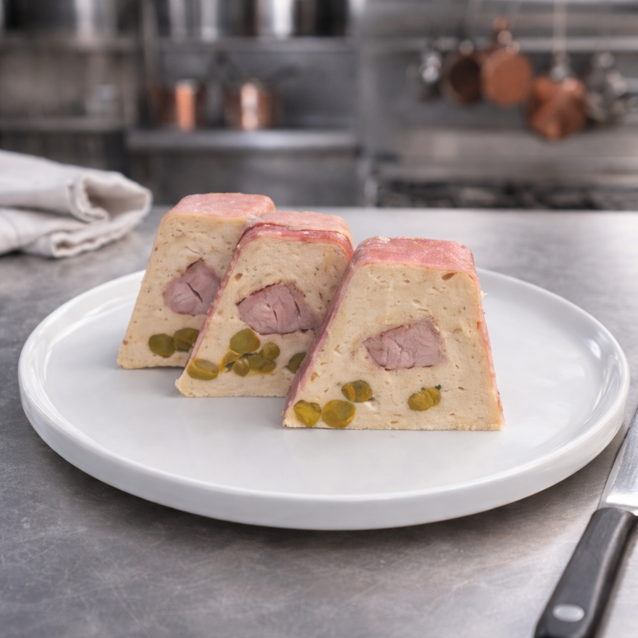 Plated slices of meat and vegetable terrine created using the Maximov trapezoid mold. Shows the precise geometric shape and professional finish.