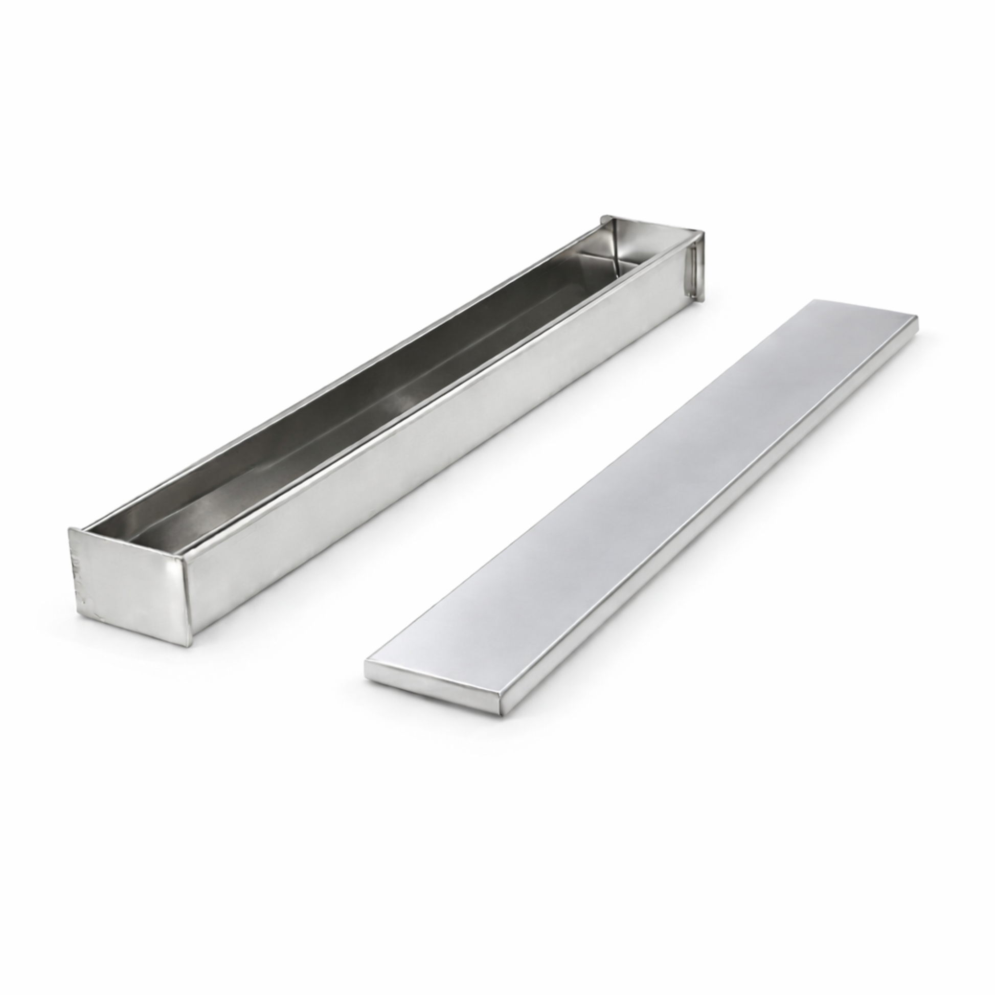 Studio view of the rectangular stainless steel terrine mold with the flat press lid removed, showing the straight vertical walls for classic block pâté.