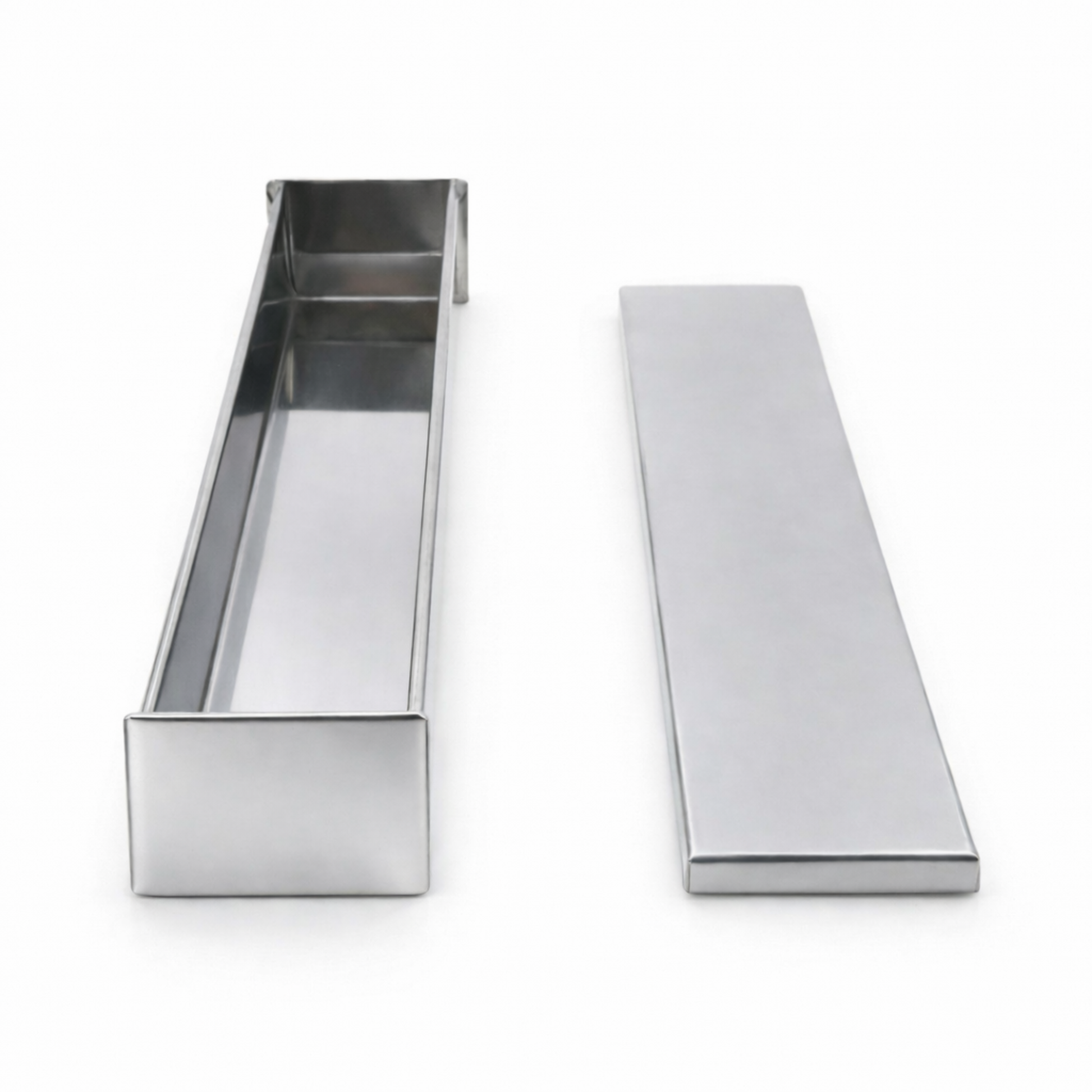 Studio photograph of the professional stainless steel rectangular terrine mold with its flat press lid removed, showing the straight interior walls for block-style pâté.