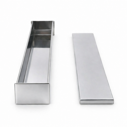 Studio photograph of the professional stainless steel rectangular terrine mold with its flat press lid removed, showing the straight interior walls for block-style pâté.