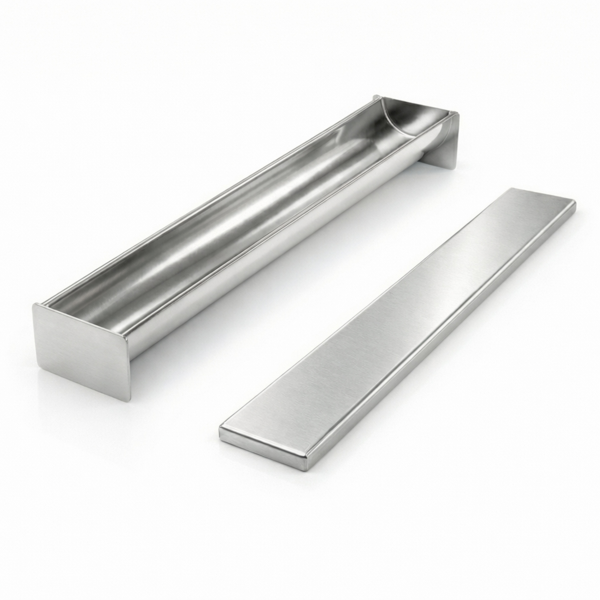 Open stainless steel half-round terrine mold showing smooth U-shape interior and separate flat press lid.