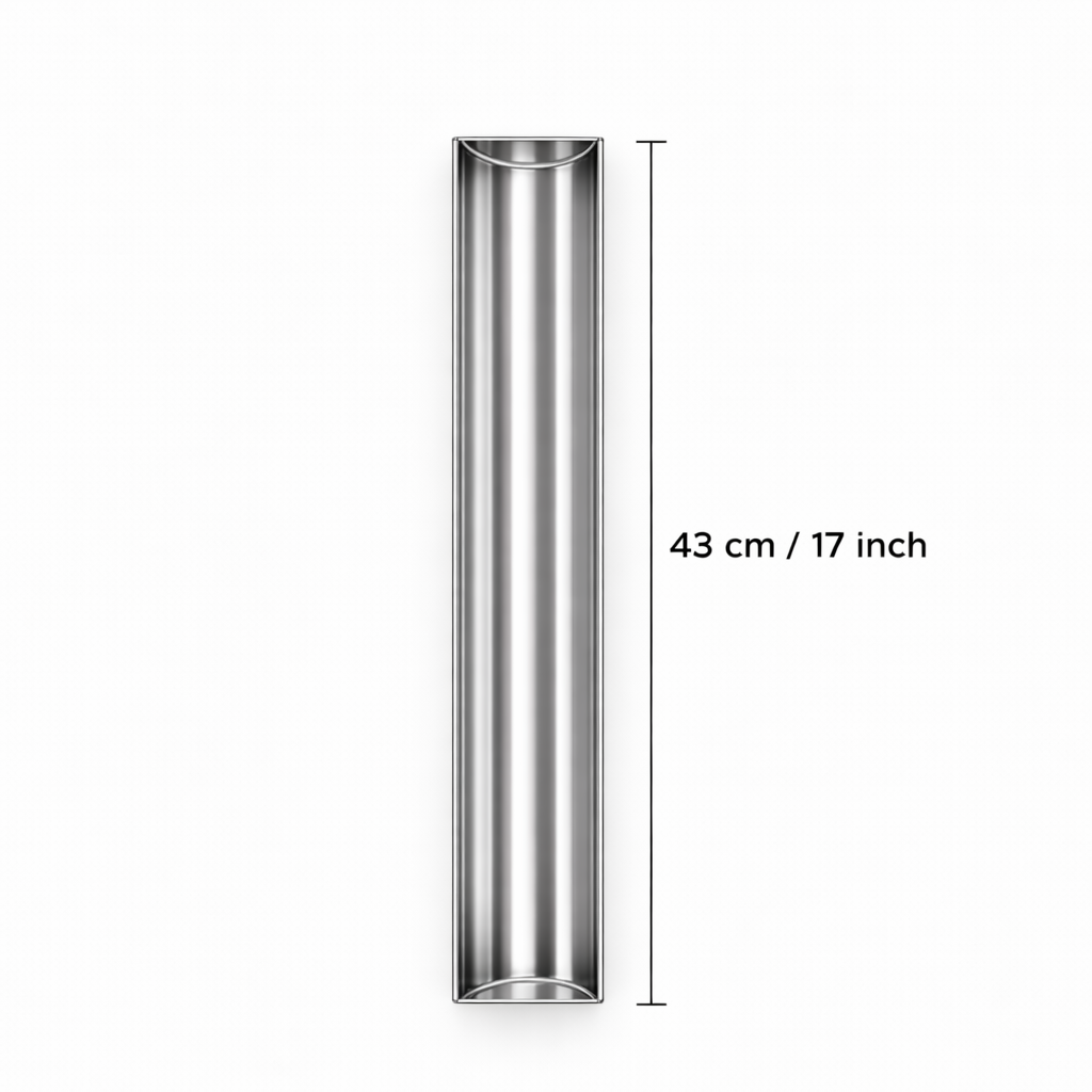 Technical top view of the stainless steel semicircle (U-shape) terrine mold showing the length dimension: 43 cm / 17 inch.