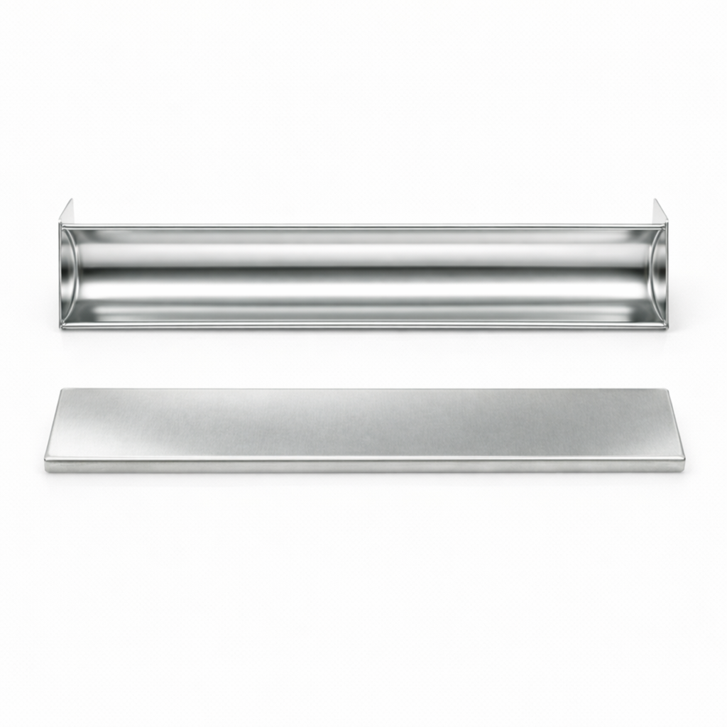 Top view of separated stainless steel semicircle (U-shape) terrine mold body and flat press lid.