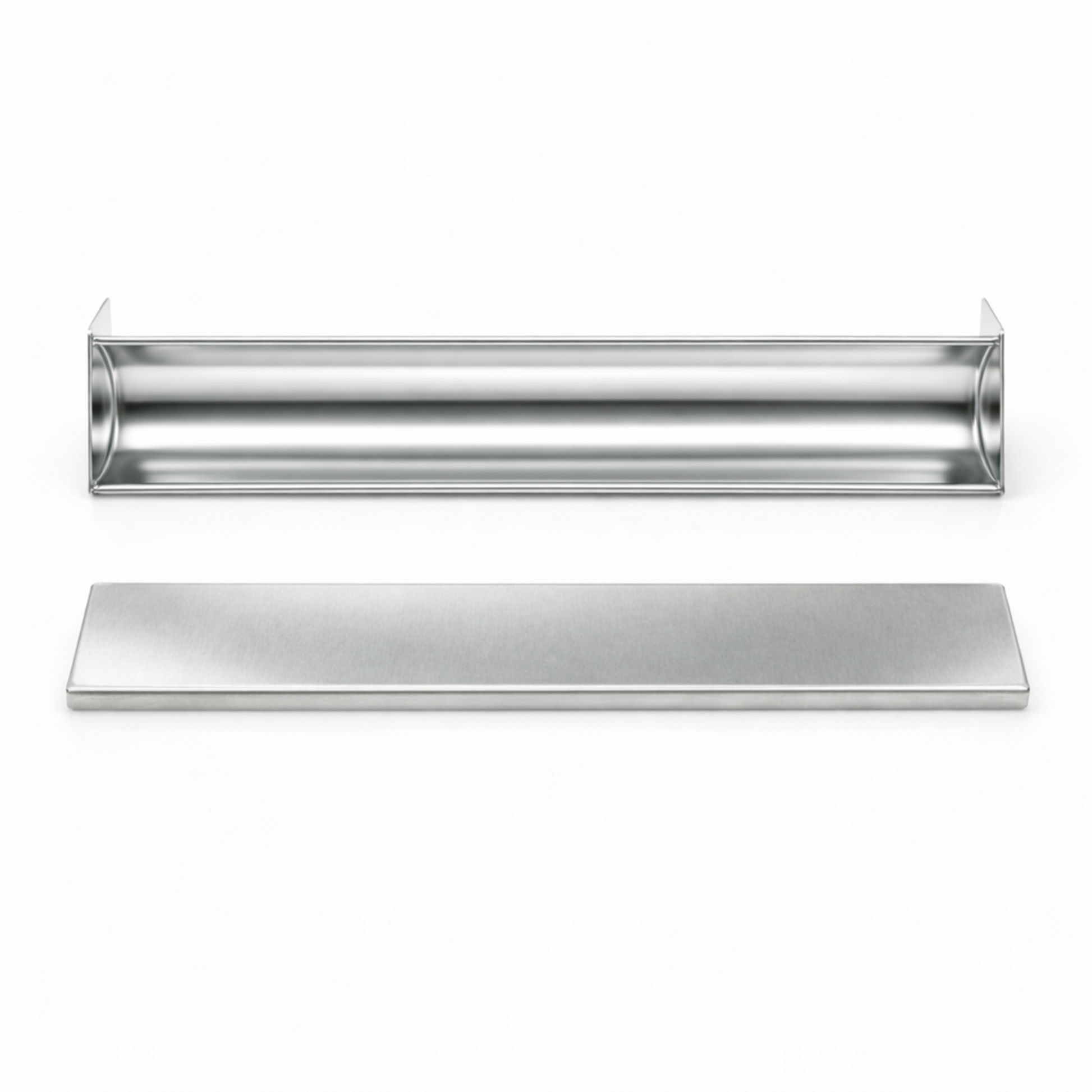 Top view of separated stainless steel semicircle (U-shape) terrine mold body and flat press lid.