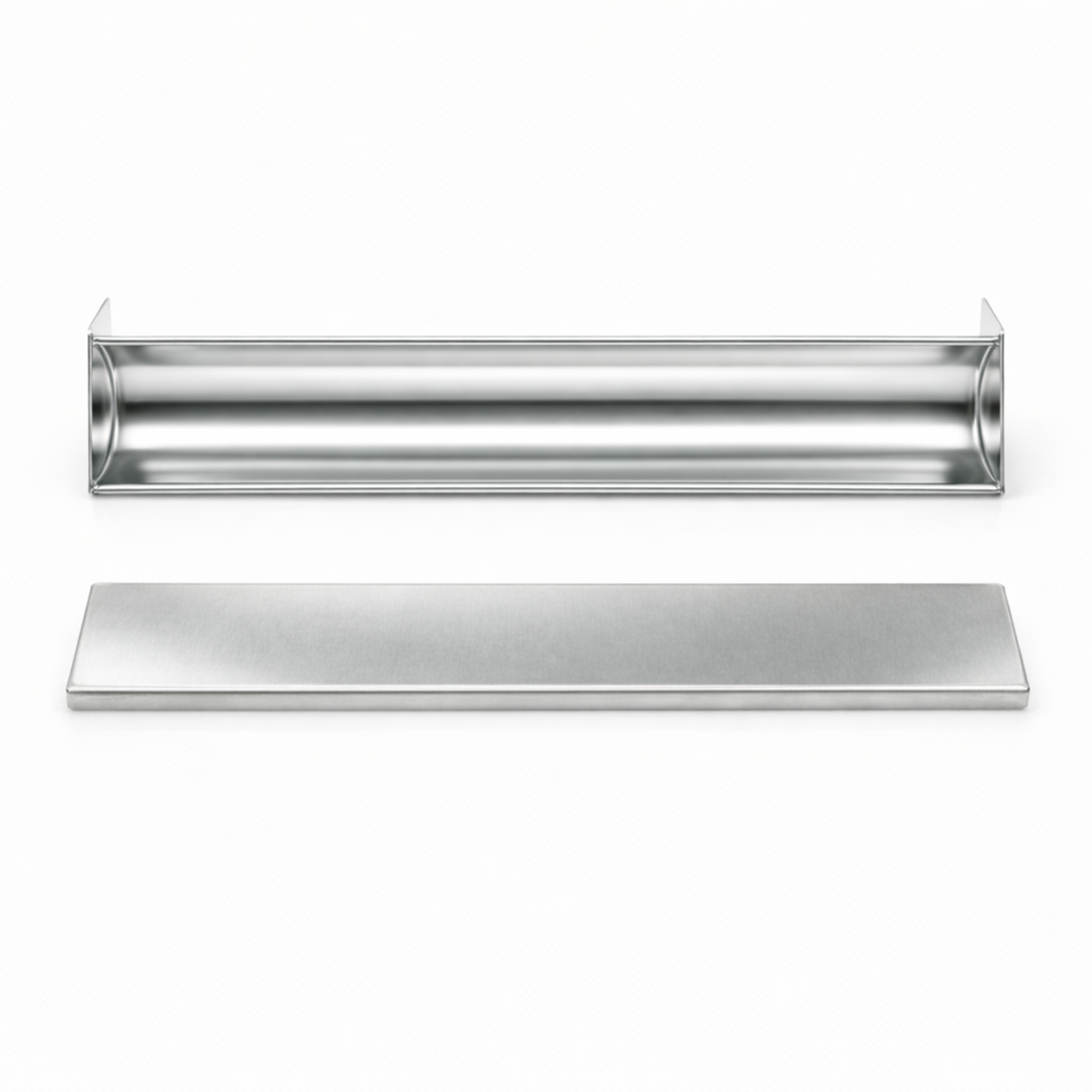 Top view of separated stainless steel semicircle (U-shape) terrine mold body and flat press lid.