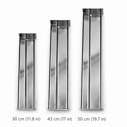 Stainless steel stair-shaped terrine molds in three sizes: 30cm, 43cm, and 50cm for professional pâté and terrine presentation.