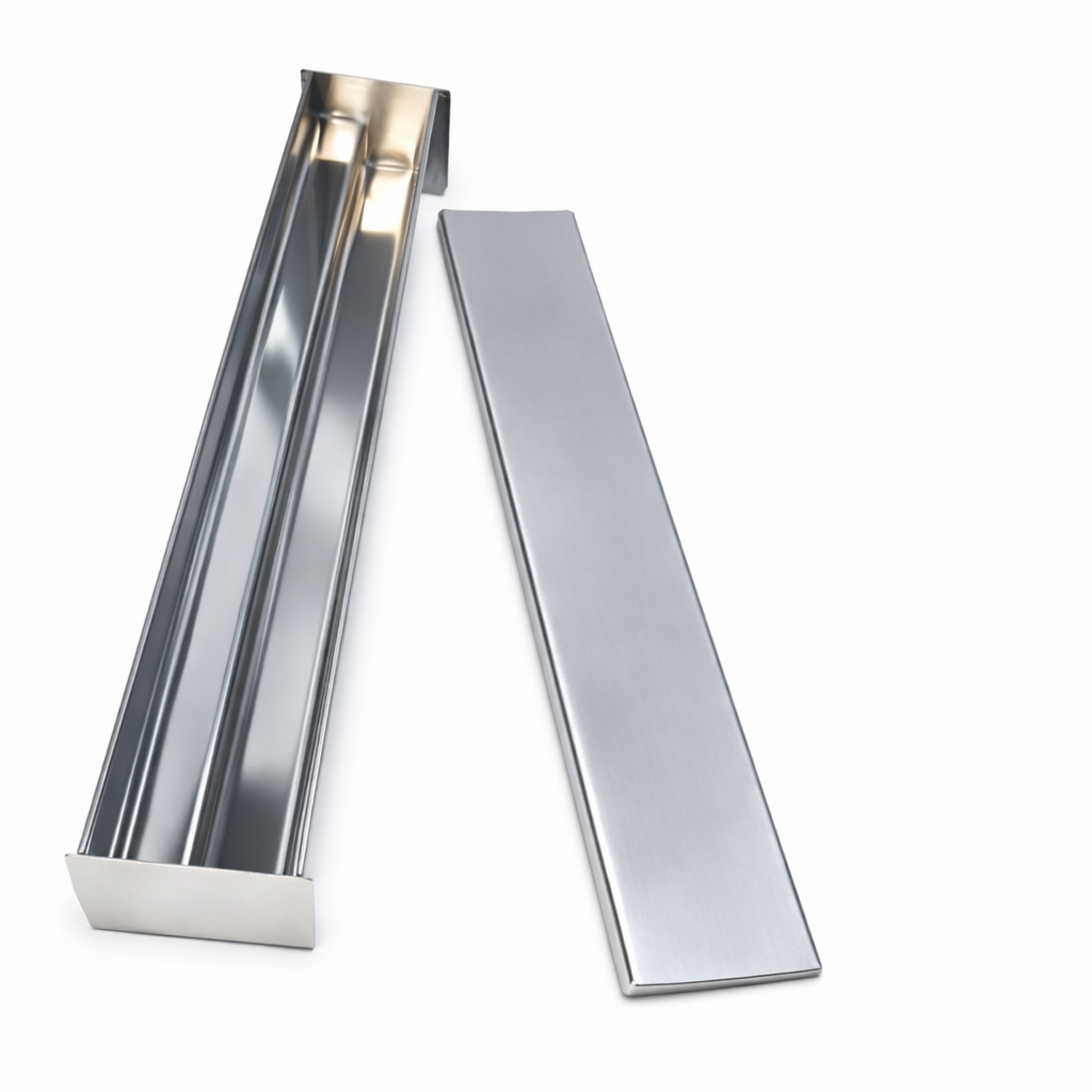 Angled perspective view of the stainless steel stairs terrine mold, displaying the continuous internal step design and the matching flat lid.