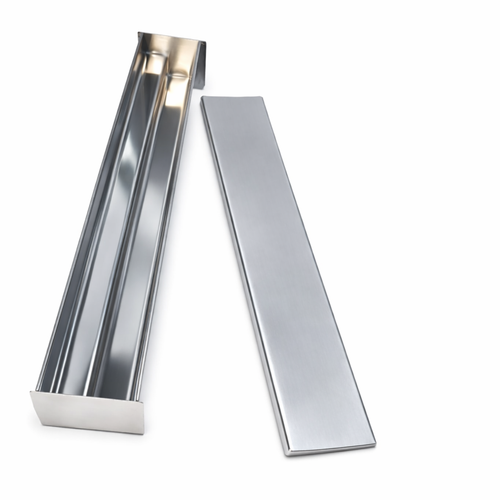 Angled perspective view of the stainless steel stairs terrine mold, displaying the continuous internal step design and the matching flat lid.