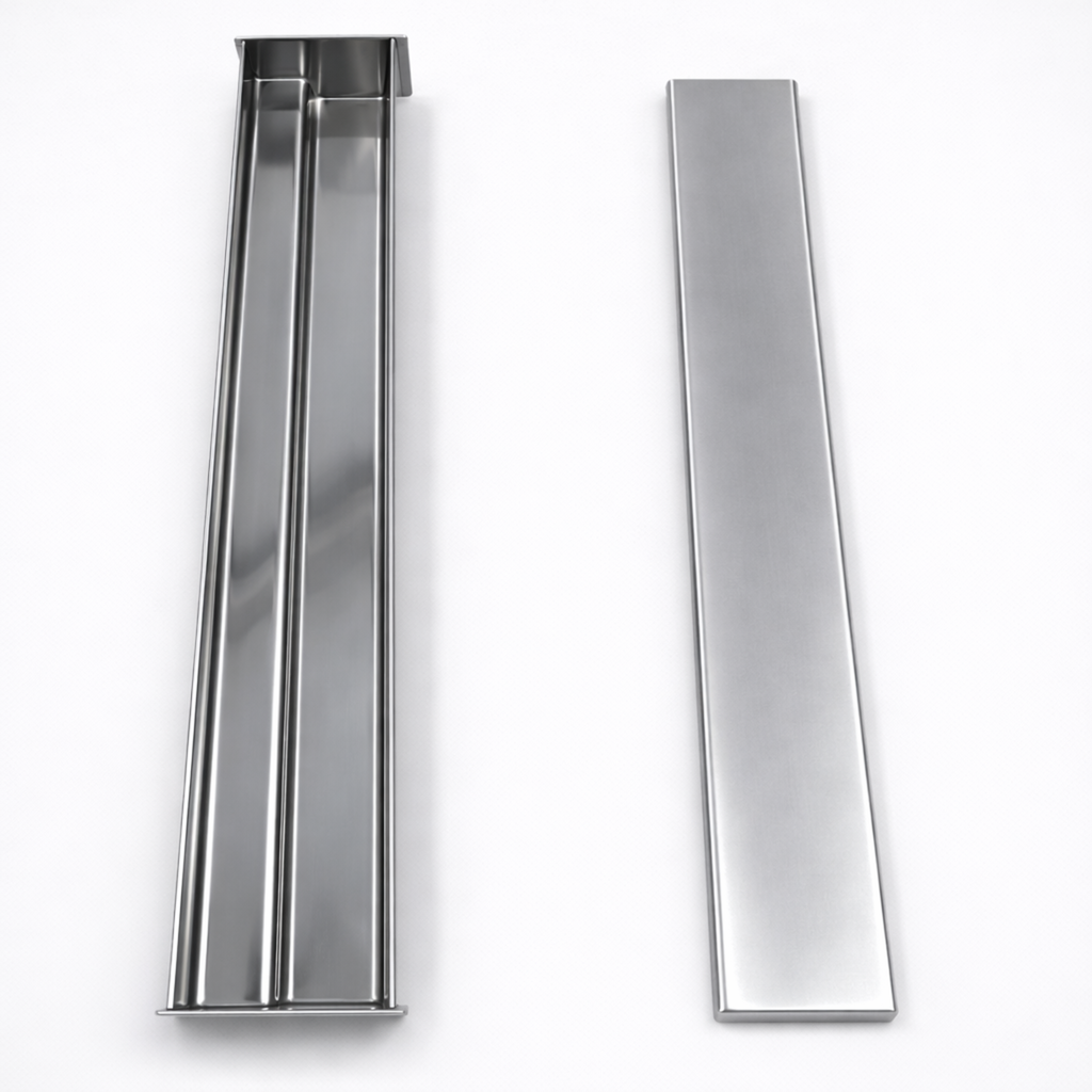 Full length top view of the stainless steel stairs terrine mold, displaying the internal step profile designed for geometric layered pâté.