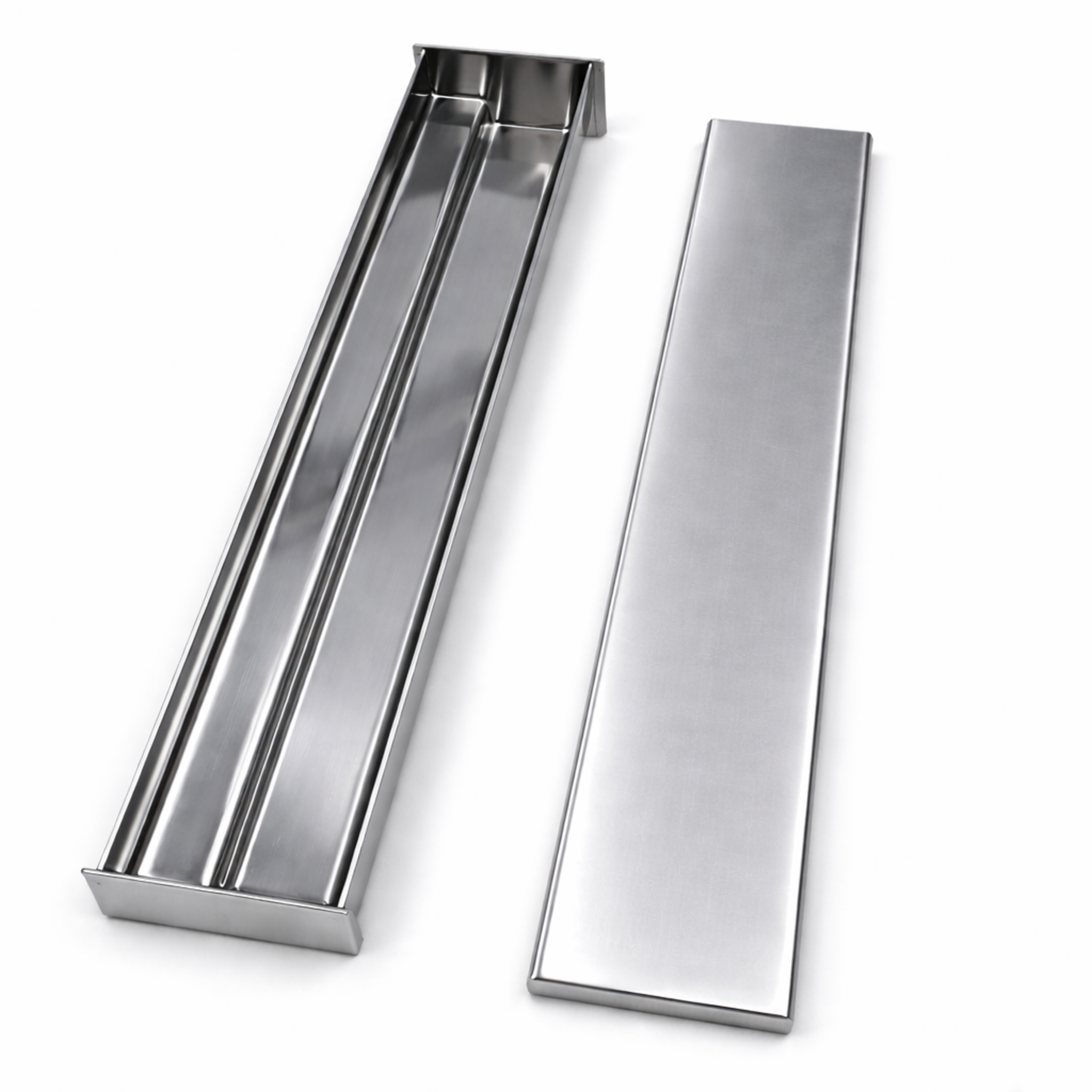 High-angle studio shot of the stainless steel stairs terrine mold with lid, clearly displaying the internal step design and premium finish.