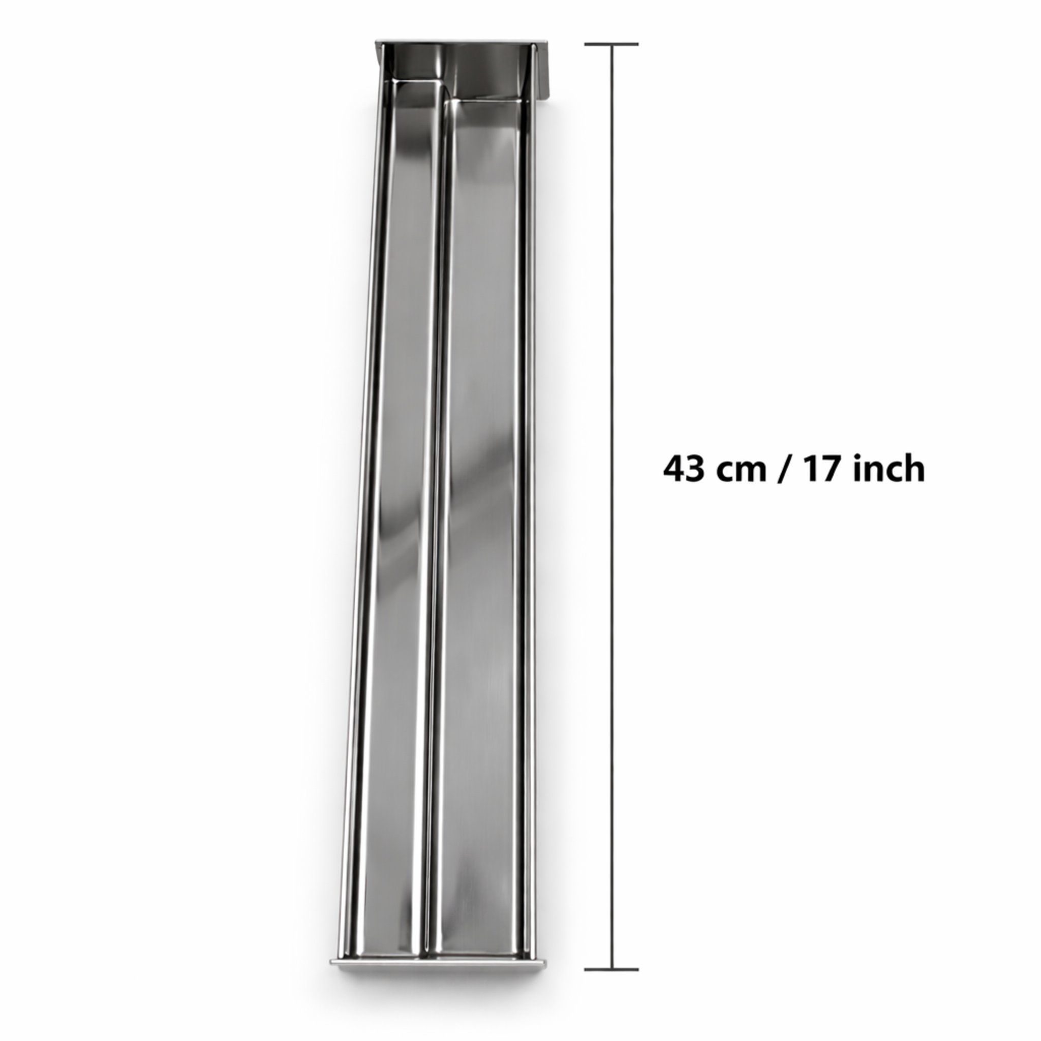 Technical top view of the stainless steel stairs terrine mold showing the length dimension: 43 cm / 17 inch.