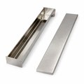 Open stainless steel trapezoid terrine mold showing angled interior walls and separate flat press lid.