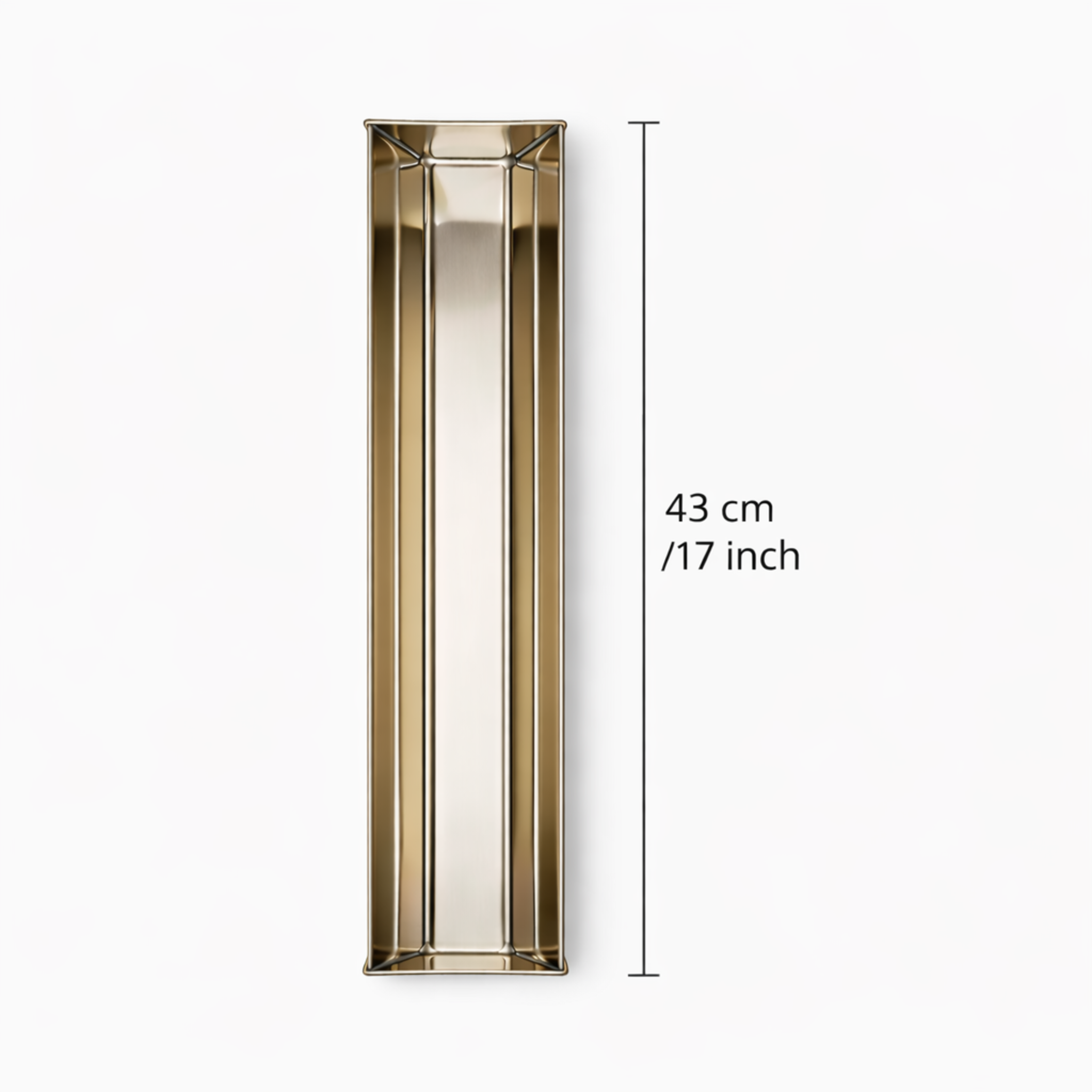 Technical top view of the stainless steel trapezoid terrine mold showing the length dimension: 43 cm / 17 inch.