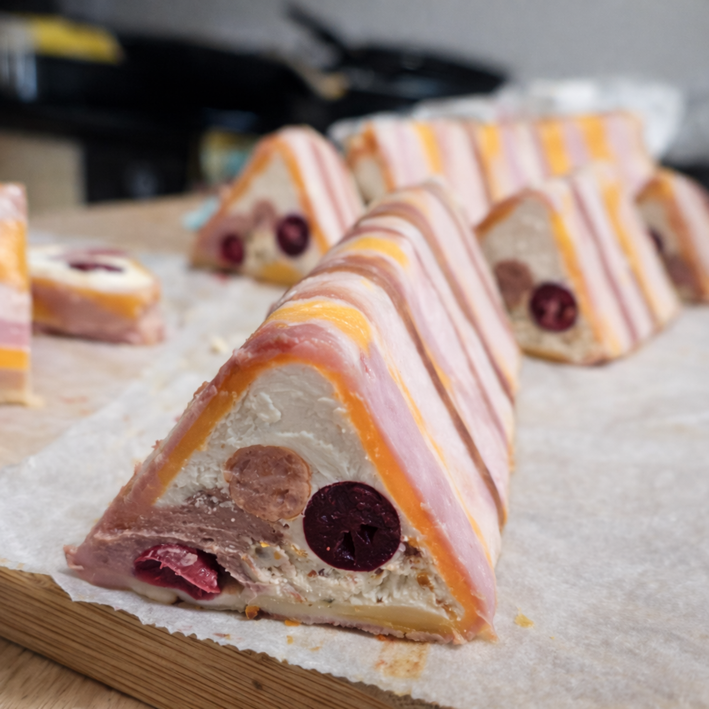 Professional layered meat terrine with bacon wrap made in stainless steel V-shape mold. Triangular charcuterie slices for catering platters.