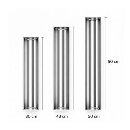 Top view of three semi-cylindrical, U-shape stainless steel terrine molds with precision markings for lengths 30cm, 43cm, and 50cm, on a white background.