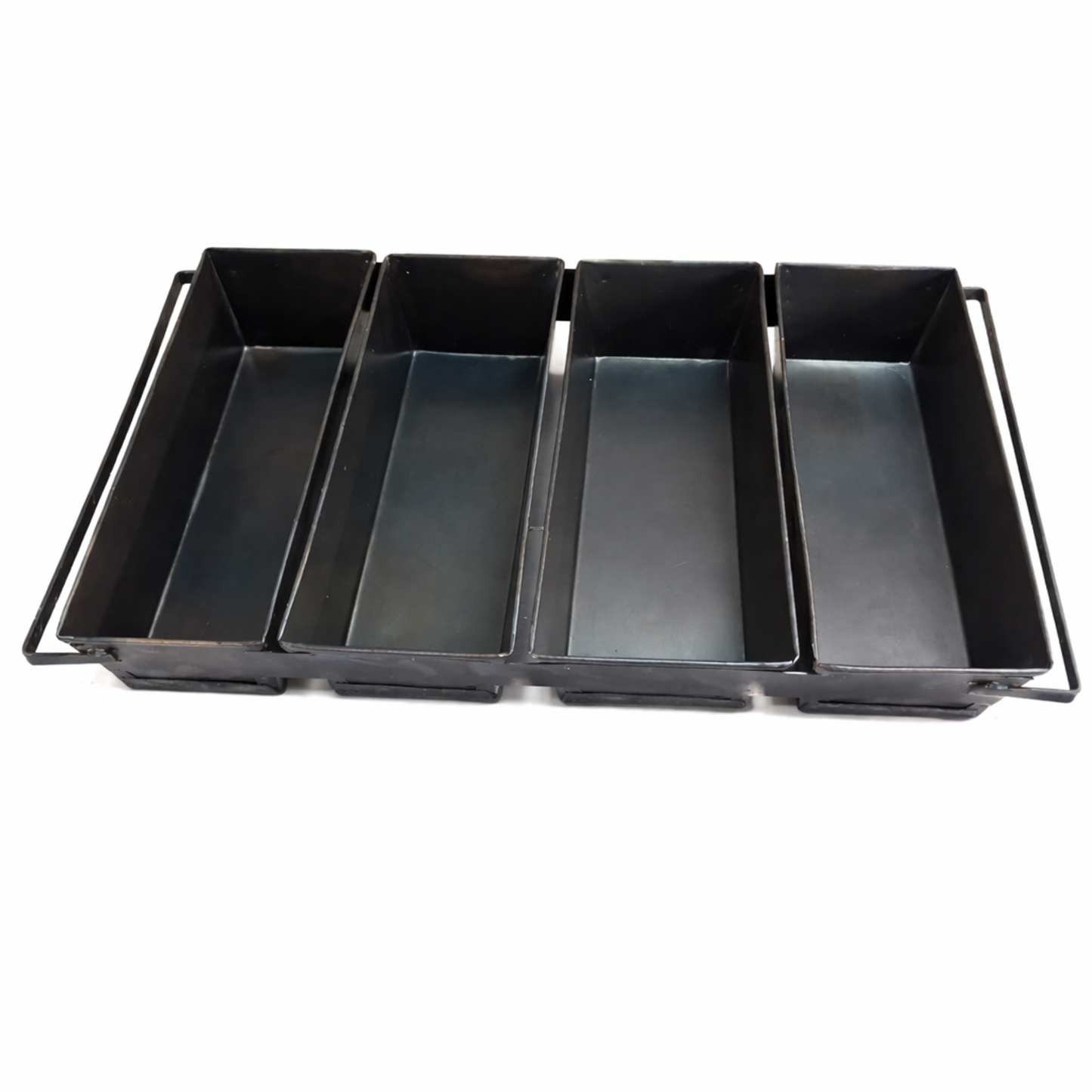 Commercial grade 4-strap black steel loaf pan set for professional bakeries.