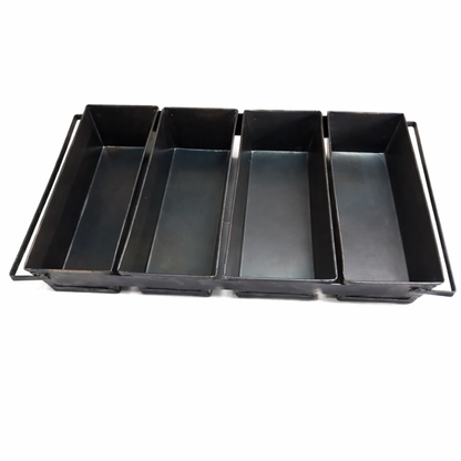 Commercial grade 4-strap black steel loaf pan set for professional bakeries.