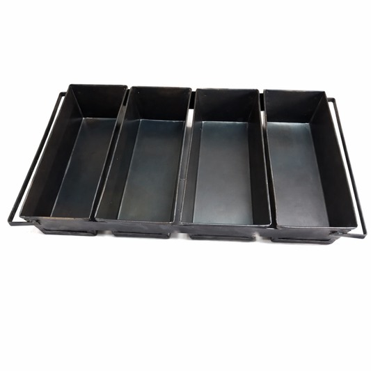 Commercial grade 4-strap black steel loaf pan set for professional bakeries.