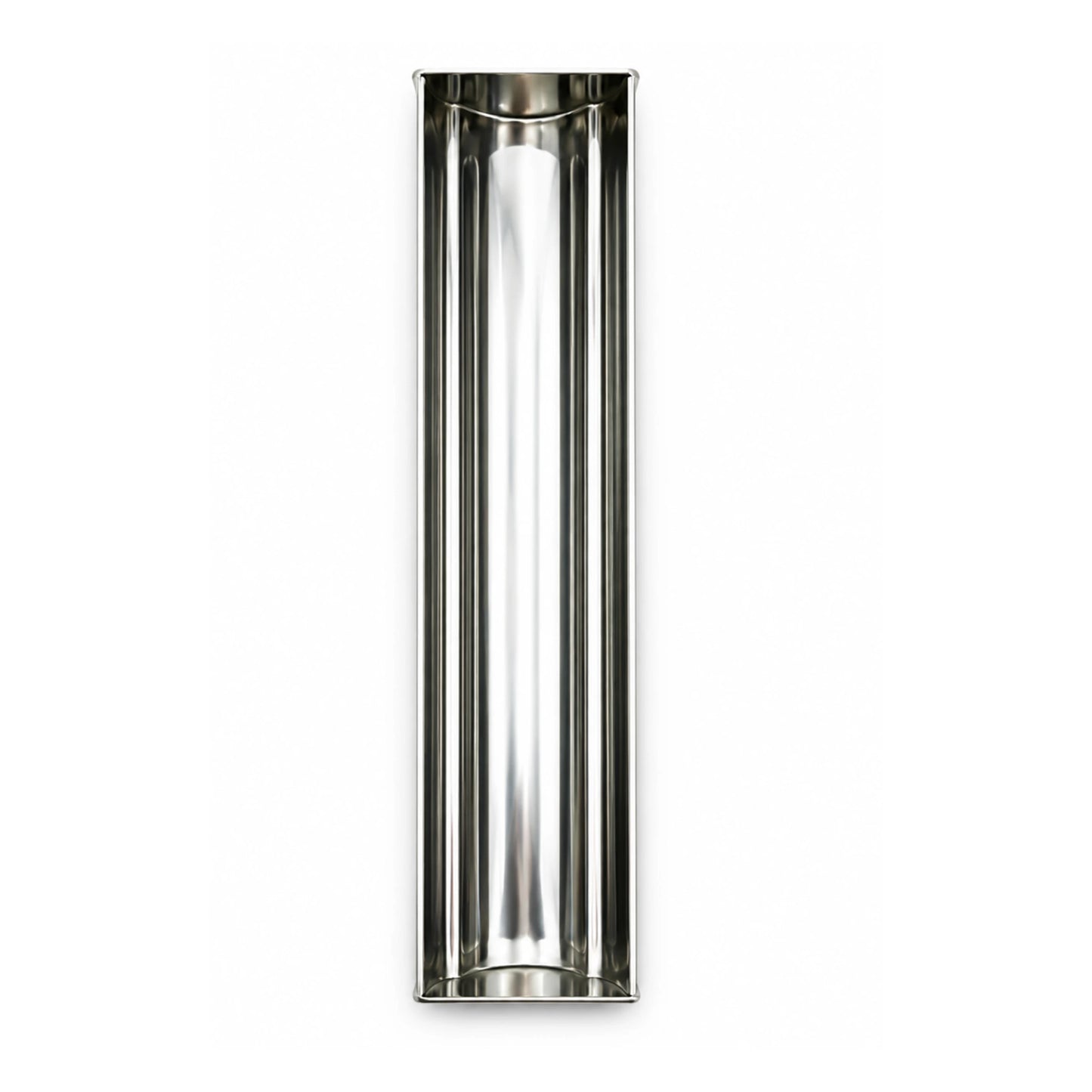 Empty professional stainless steel Clover Shape terrine mold shown vertically resting beside it on a white background