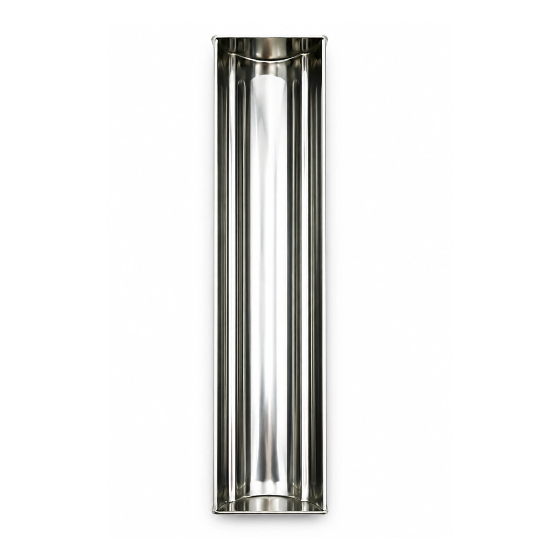 Empty professional stainless steel Clover Shape terrine mold shown vertically resting beside it on a white background