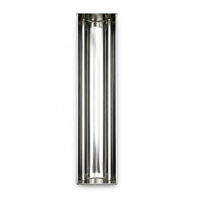 Empty professional stainless steel Clover Shape terrine mold shown vertically resting beside it on a white background
