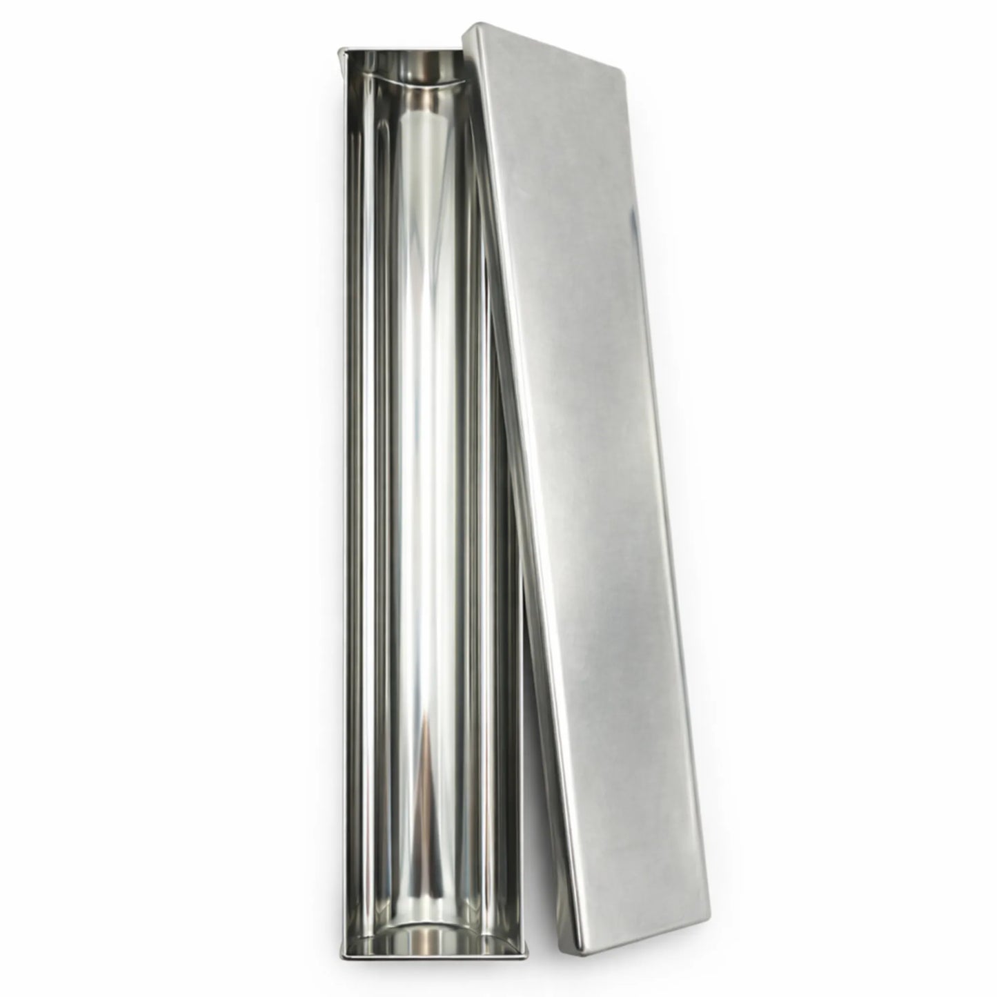 Empty professional stainless steel Clover Shape terrine mold shown vertically with its flat sliding lid resting beside it on a white background