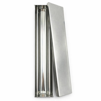 Empty professional stainless steel Clover Shape terrine mold shown vertically with its flat sliding lid resting beside it on a white background
