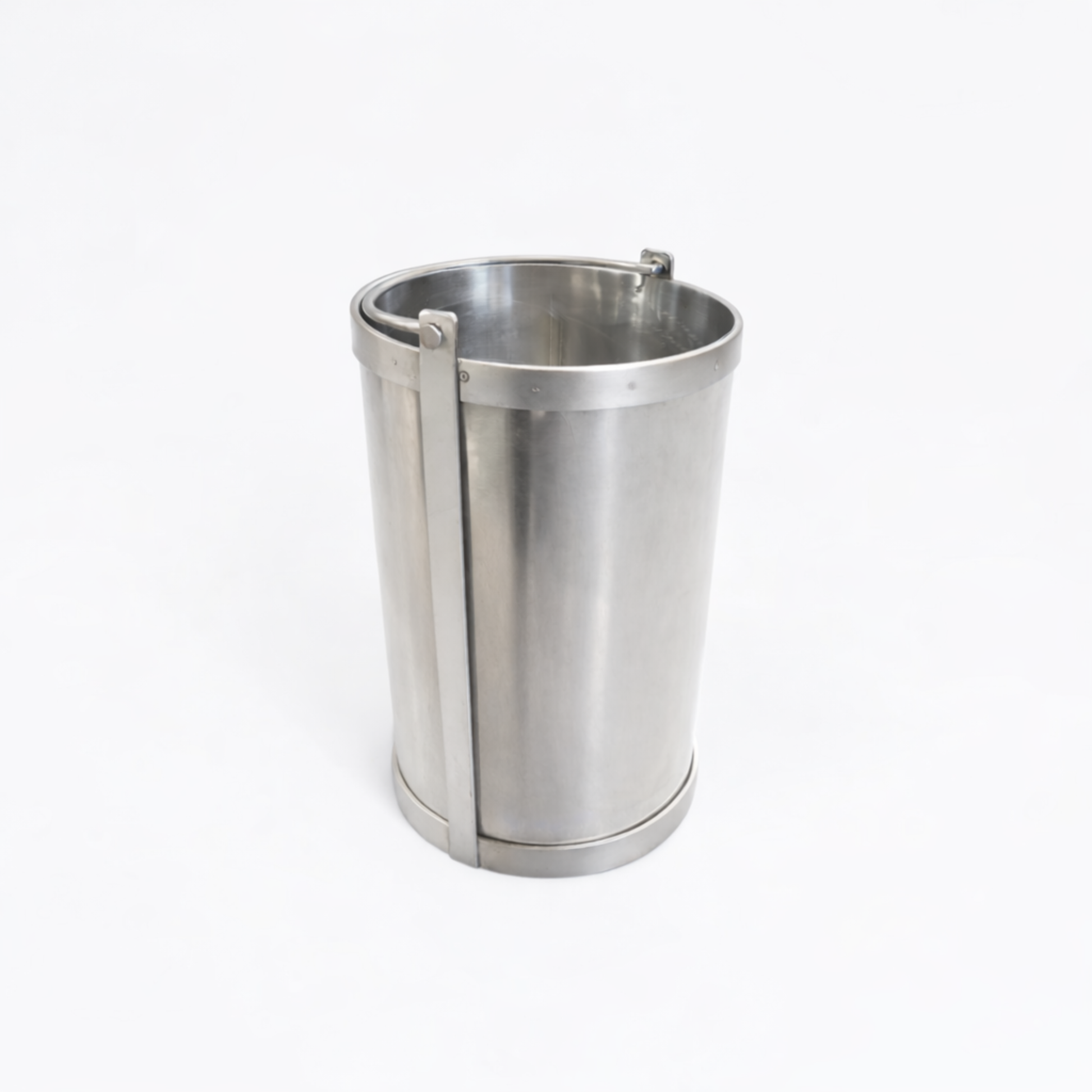 Heavy-duty 10L stainless steel well bucket with reinforced flat bands and secure handle.
