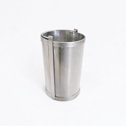 Heavy-duty 10L stainless steel well bucket with reinforced flat bands and secure handle.