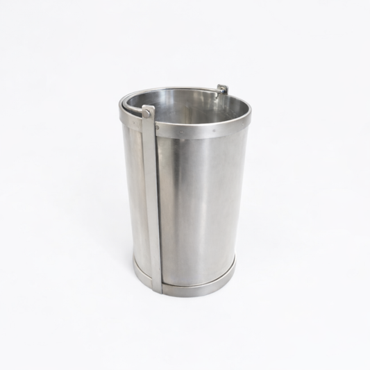 Heavy-duty 10L stainless steel well bucket with reinforced flat bands and secure handle.