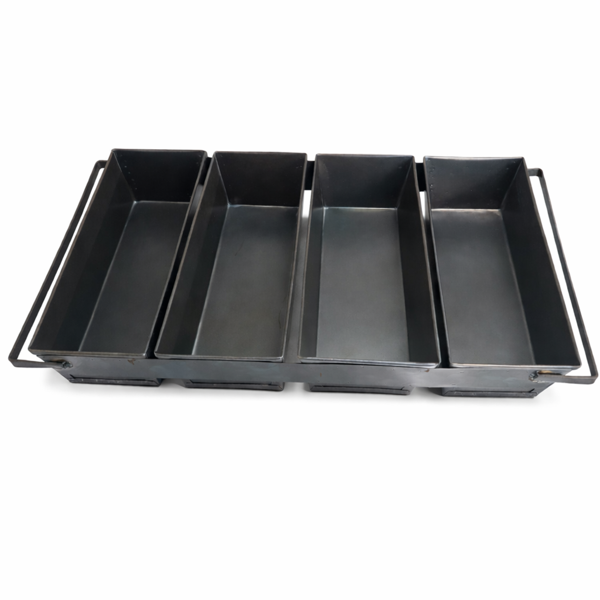 Industrial 4-strap black metal bread baking pan with handles, designed for commercial bakery ovens.