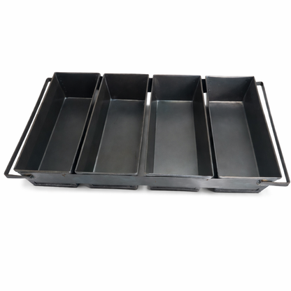 Industrial 4-strap black metal bread baking pan with handles, designed for commercial bakery ovens.
