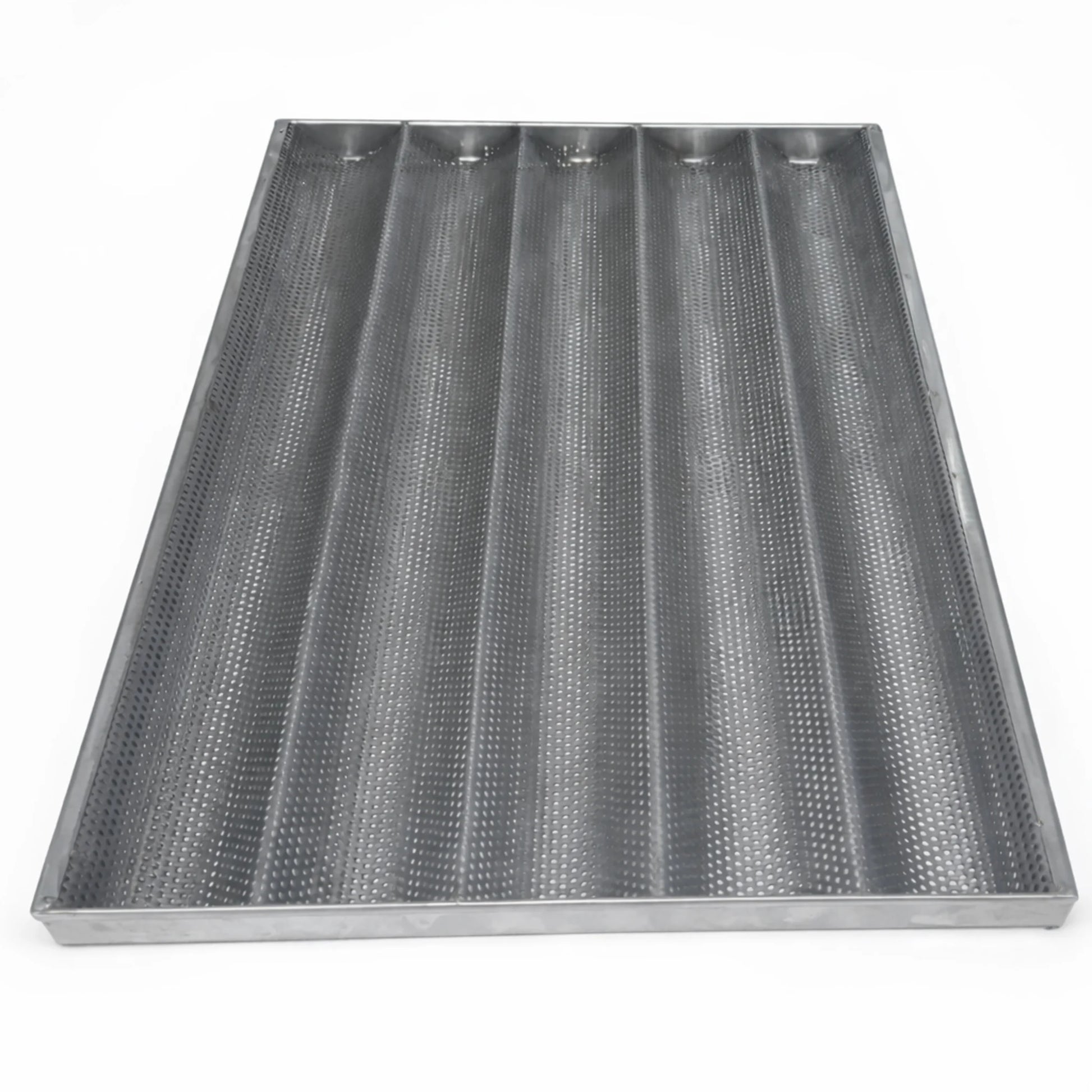 Top view of a professional 5-channel perforated baguette tray, made of AISI 304 stainless steel, showing the precision air-flow holes for even baking.