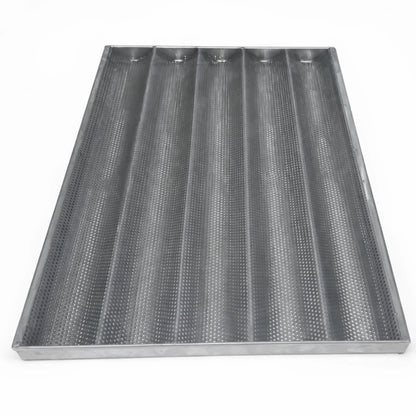 Top view of a professional 5-channel perforated baguette tray, made of AISI 304 stainless steel, showing the precision air-flow holes for even baking.