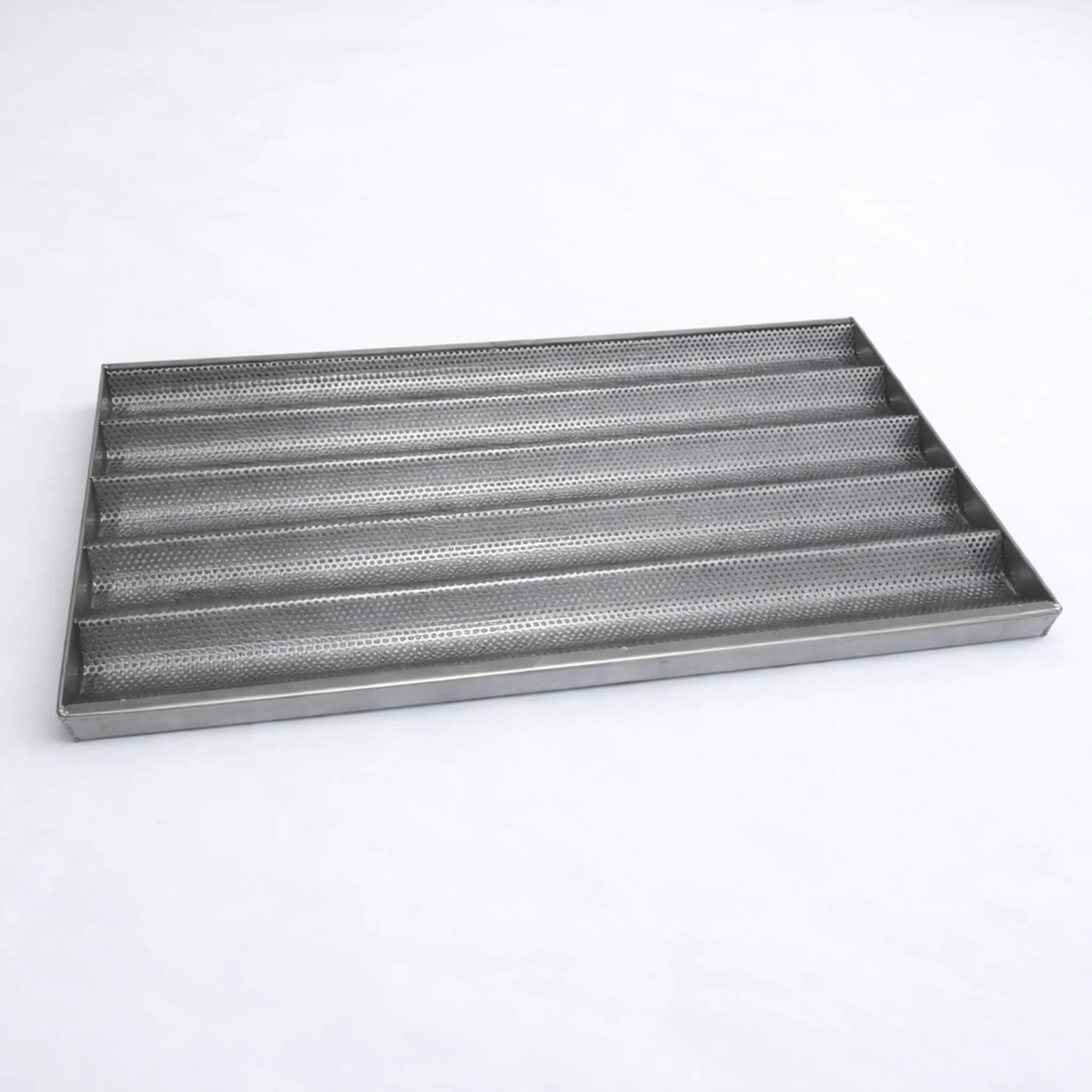 Perforated stainless steel baguette baking tray (5-channel), AISI 304, 600×400 mm.