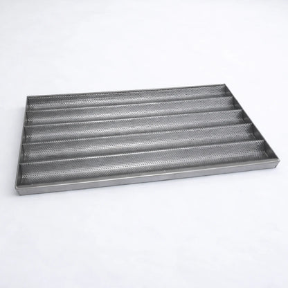 Perforated stainless steel baguette baking tray (5-channel), AISI 304, 600×400 mm.