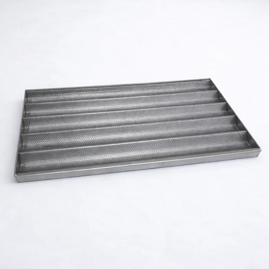 Perforated stainless steel baguette baking tray (5-channel), AISI 304, 600×400 mm.