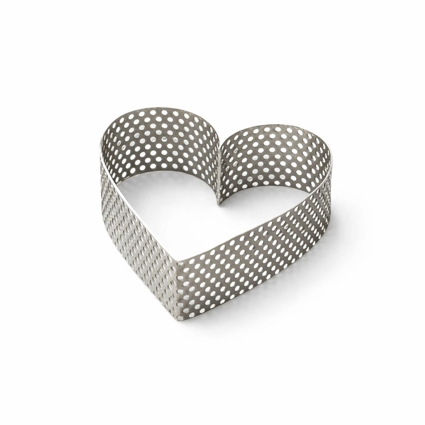 Perforated stainless steel heart pastry ring AISI 304 angled view on white background