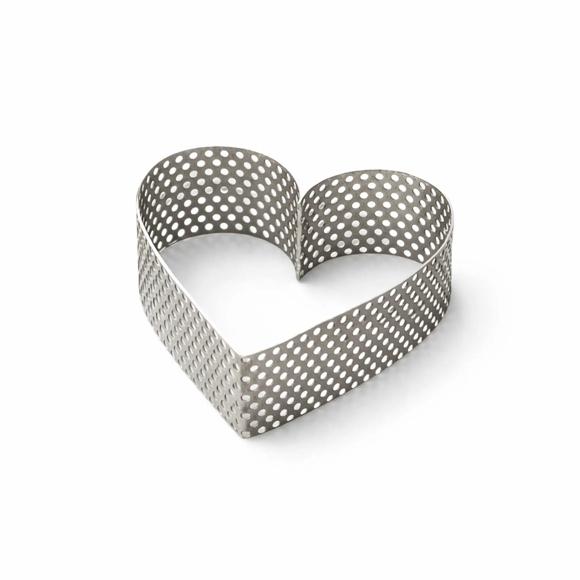 Perforated stainless steel heart pastry ring AISI 304 angled view on white background