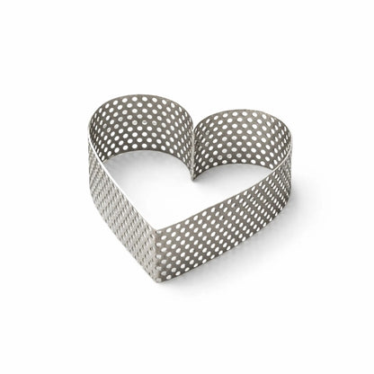 Perforated stainless steel heart pastry ring AISI 304 angled view on white background