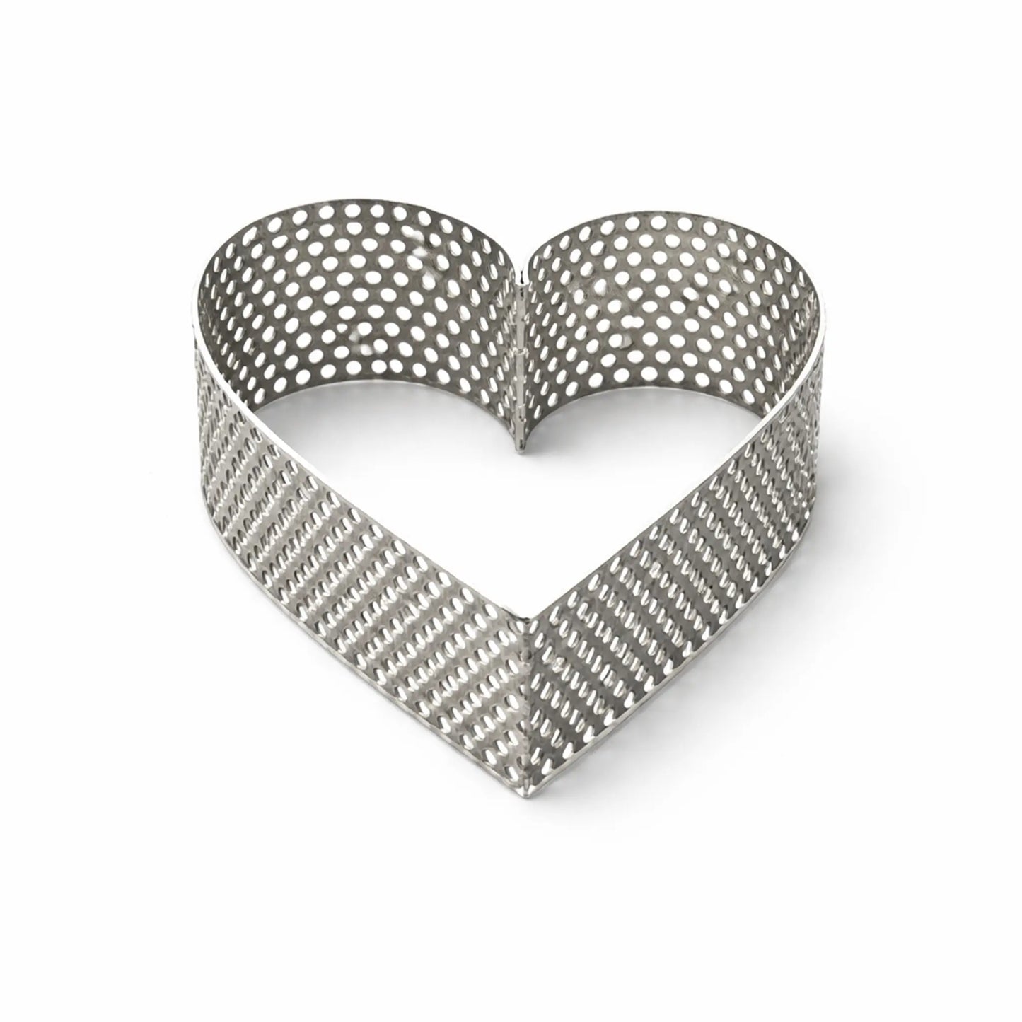 Front view of perforated stainless steel heart pastry ring AISI 304 on white background